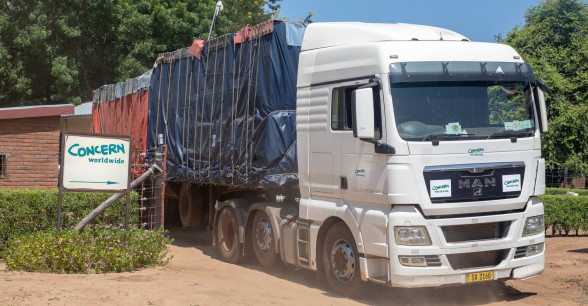 A lorry and trailer heads out, pack with supplies for the worst effect areas of the Nsanje Region. Photo: Gavin Douglas/ Concern Worldwide.