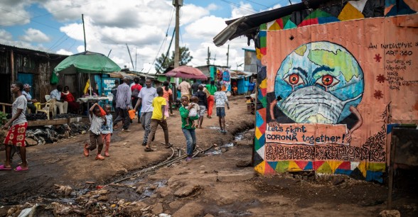 Coronavirus themed street art in Kibera slum, Nairobi, Kenya.