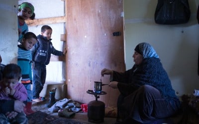Ayda making coffee on her makeshift burner.
