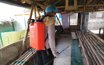 Volunteer disinfecting a nutrition centre in a Refugee Camp in Cox’s Bazar, Bangladesh.