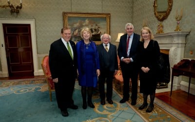 LtoR Former Concern US Chairman Tom Moran, Sabina Higgins, President of Ireland Michael D. Higgins, Concern CEO Dominic MacSorley and Concern UK Executive Director Rose Caldwell at Concern’s 50th Anniversary Reception at Áras an Uachtaráin.