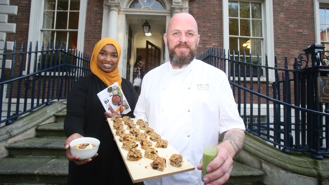 Amina Abdulla, Concern Country Director for Kenya with Conor Spacey, Culinary Director with FoodSpace showing off the sustinable breakfast FoodSpace prepared for the launch of the 2019 Global Hunger Index.