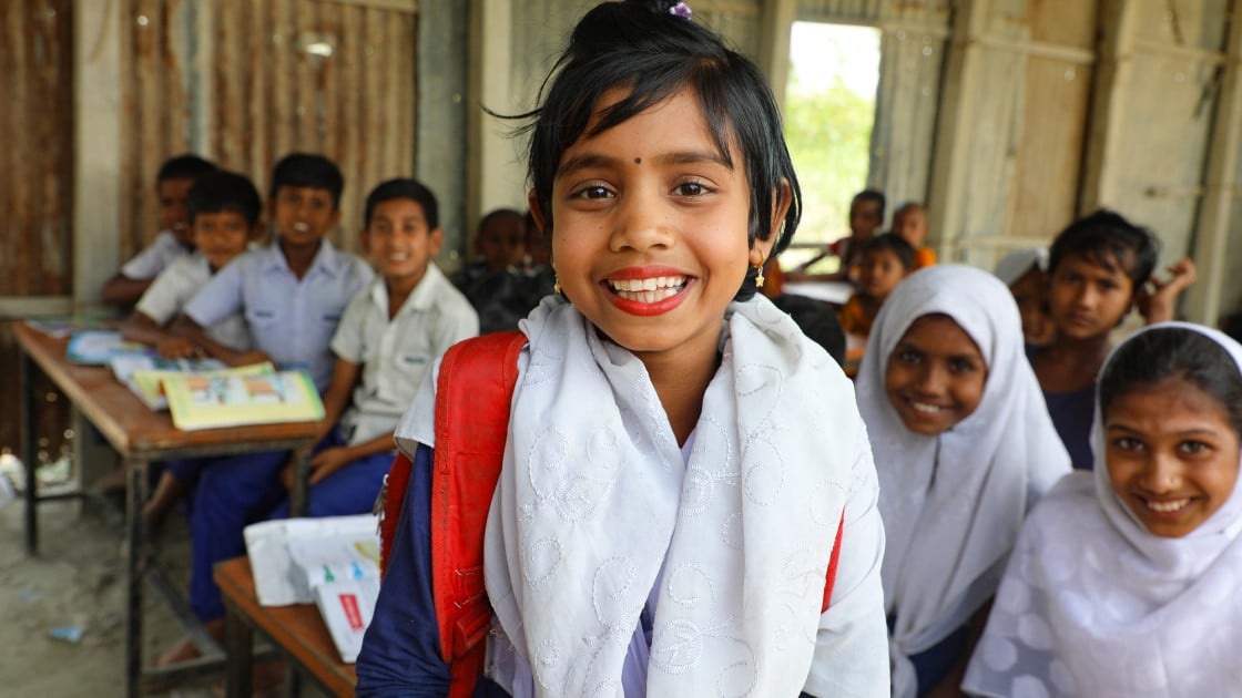 Saliha* (7) attends school at the newly repaired school on one of the Char islands severely affected by recent floods. Photo: Jennifer Nolan / Concern Worldwide.