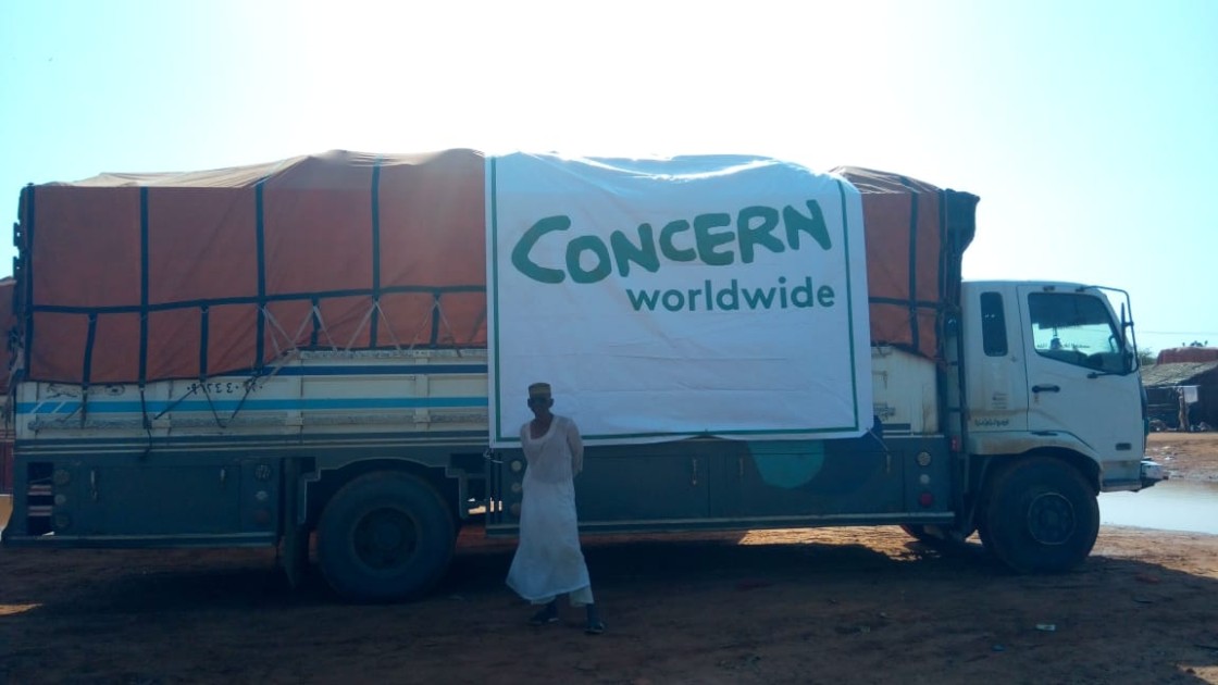 A large truck of supplies with Concern Worldwide branding