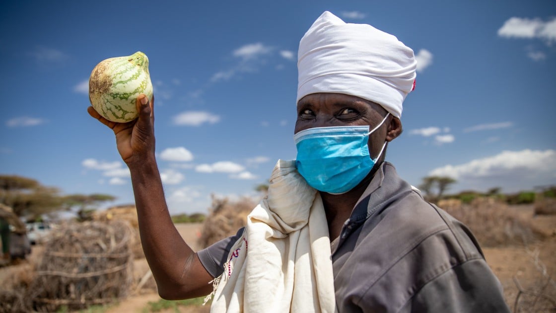 Guyo Gonjoba holds up fruit that his community in northern Kenya have been able to grow in their kitchen gardens with support from Concern.