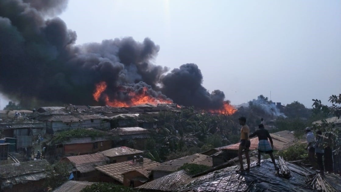 View from nearby homes of a fire in Cox's Bazaar in March 2021