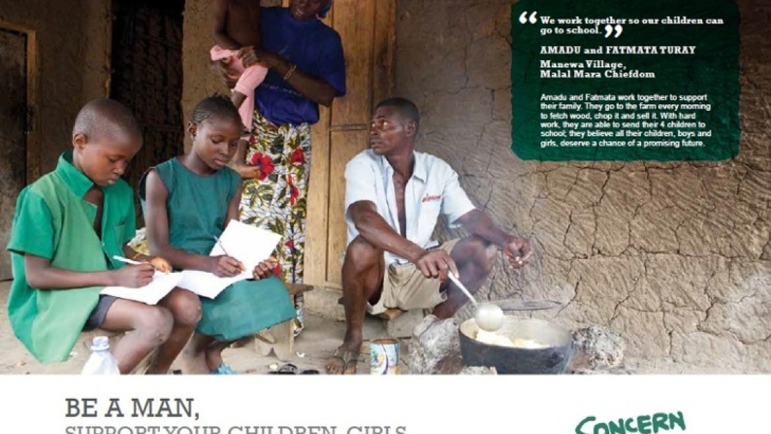 One poster in a series from Sierra Leone to promote positive masculinites.