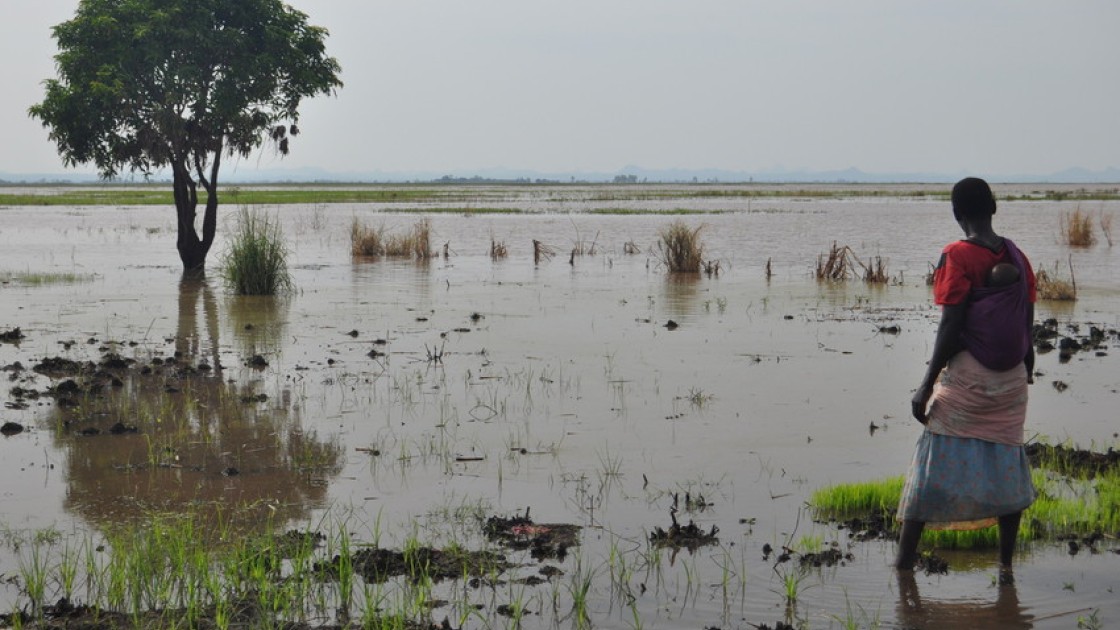 A women stands in flood waters in Nsanje District, Malawi in February 2015. Photograph taken by: Deborah Underdown/Concern Worldwide.