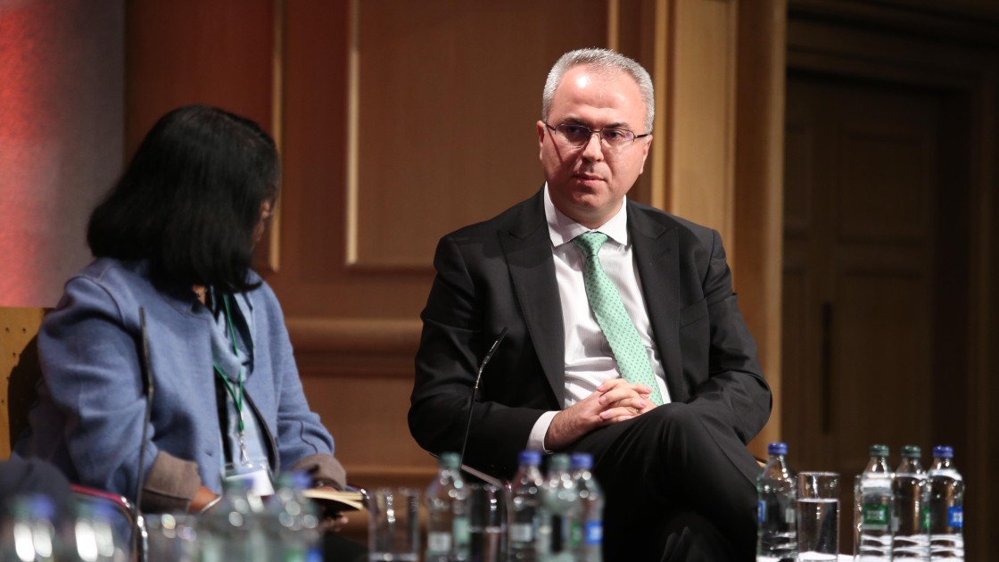 Sarhang Hamasaeed, Director of Middle East Programs at the US Institute of Peace, speaking on a panel on Strategies to Break the Cycle of Conflict, Hunger and Human Suffering, with Former United Nations Under-Secretary-General for the Department of Field Support, Ameerah Haq. Resurge2018. Photo: Photocall Ireland.