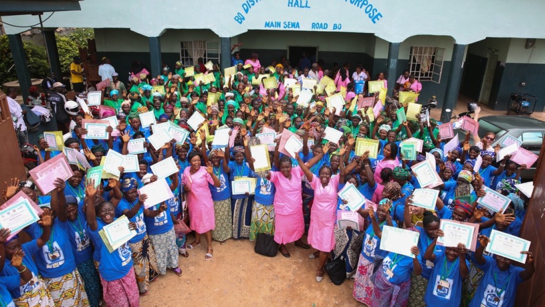 A ceremony to mark the transition of the Essential Newborn Care Corps, which was established in the Bo district of Sierra Leone by Concern Worldwide under the Innovations for Maternal, Newborn, and Child Health initiative. Photo: Kieran McConville/Concern Worldwide.