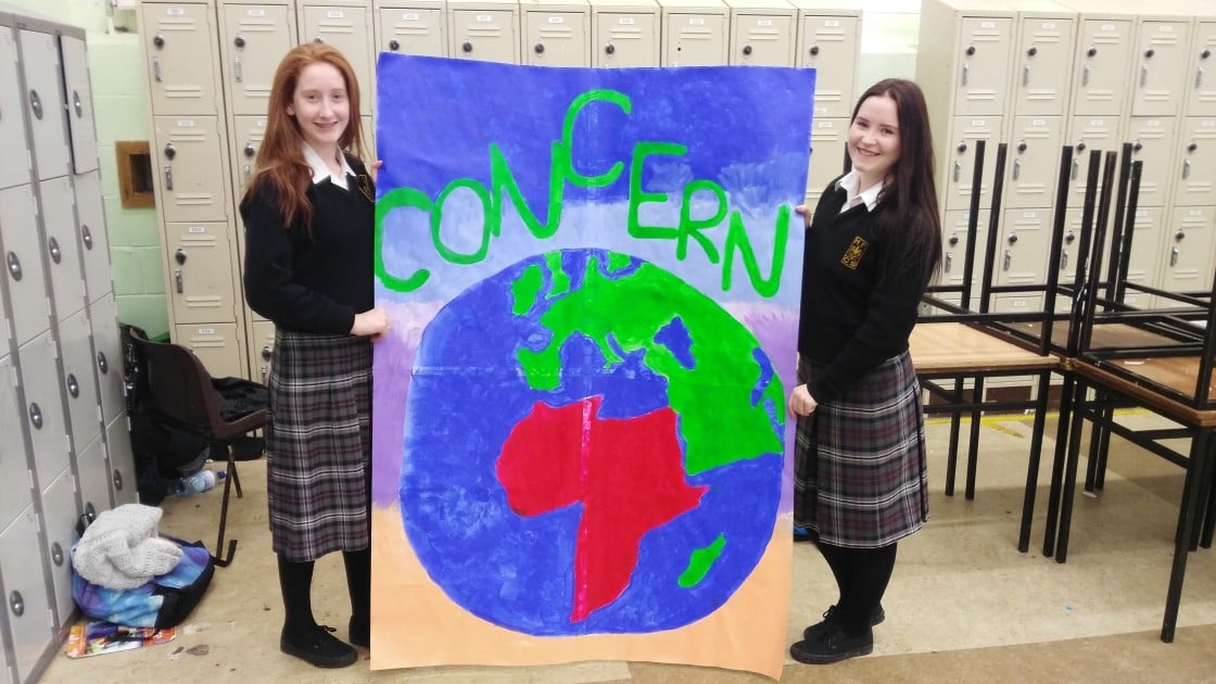 Chloe Callaghan and Maeve Dolan from Holy Family Community School, Rathcoole pictured before the 2015 Concern Fast at their school. Photo: Claire Marshall/Concern Worldwide.