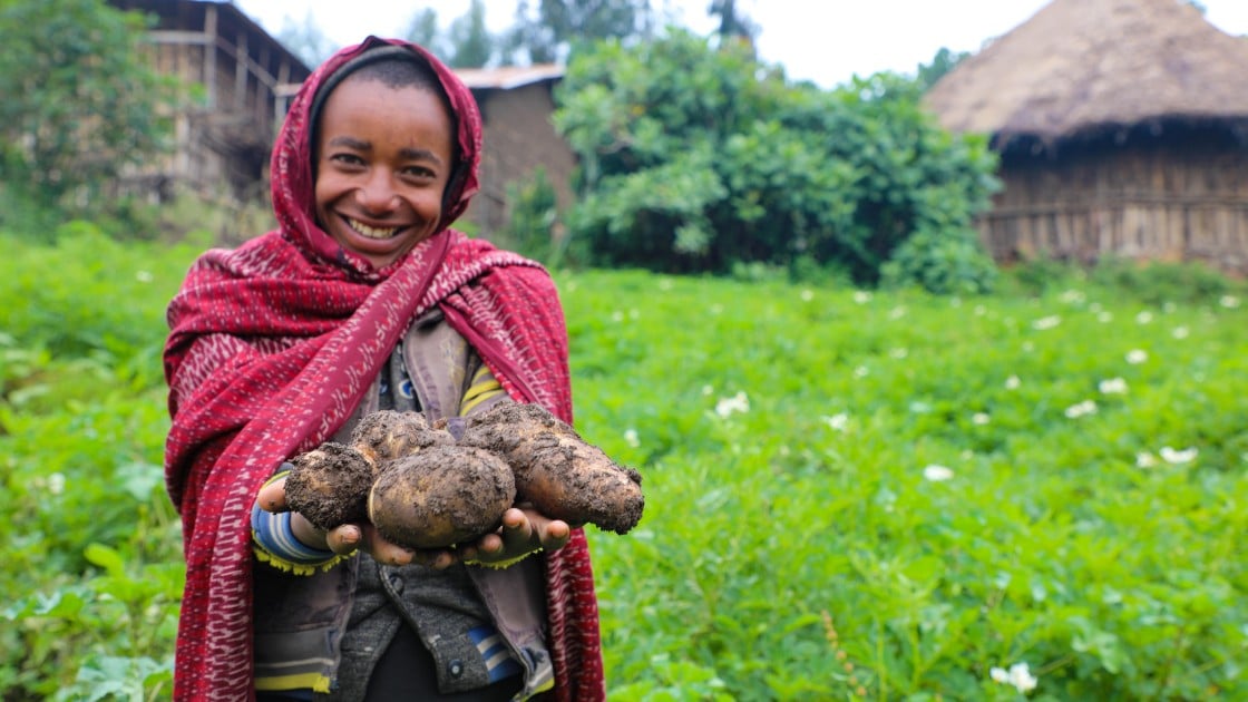 Mehamed Ahimed Ali (15) shows some of the potatoes from his family's successful harvest thanks to Concern. Photo: Jennifer Nolan, Ethiopia, 2017.