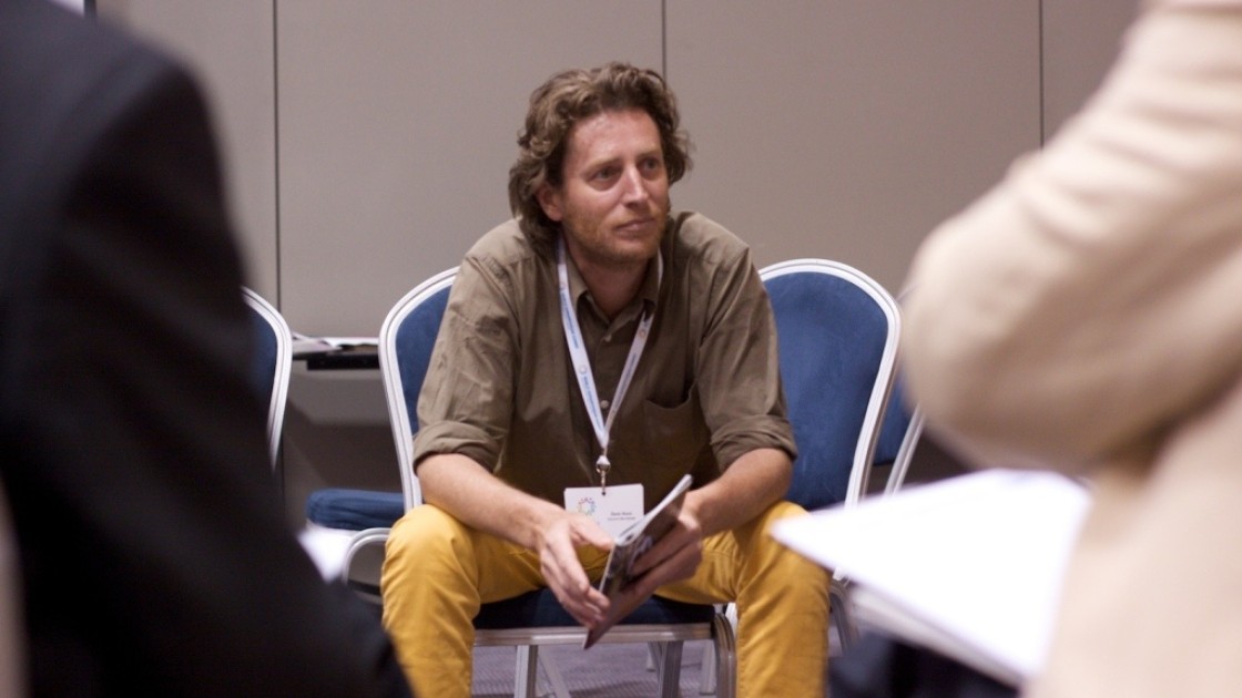Concern Worldwide’s Dom Hunt discusses disaster risk reduction at the Irish Humanitarian Summit. Photograph taken by UCD CHA.