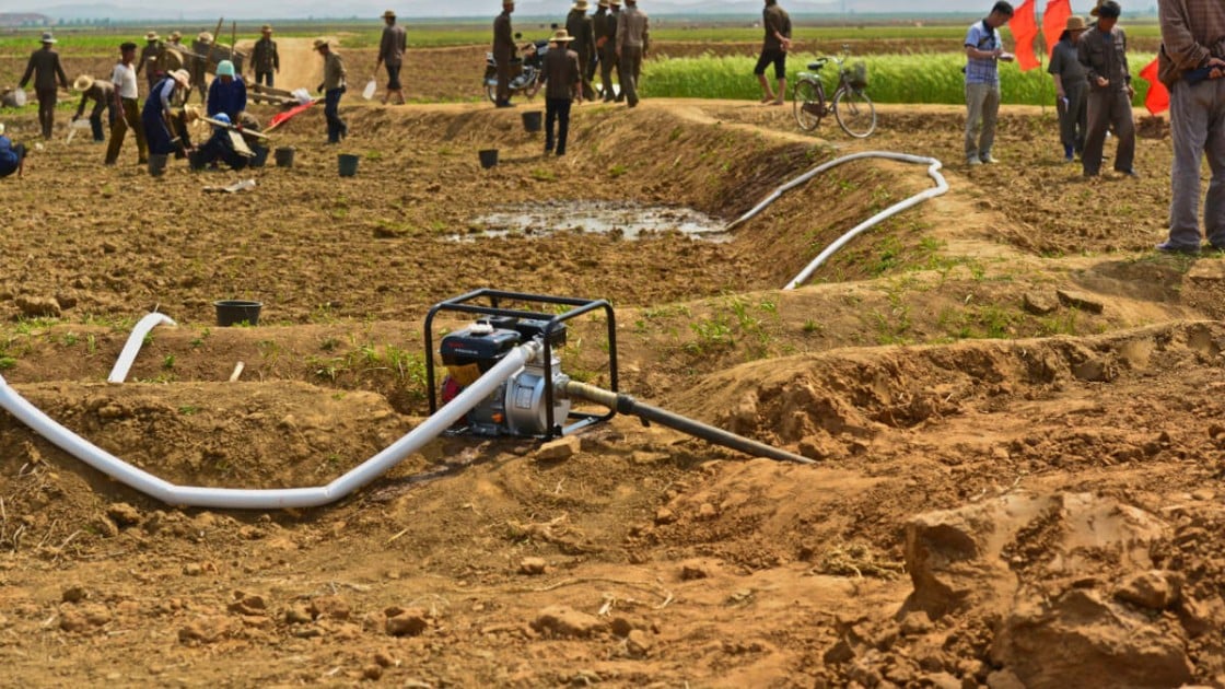 Local farmers watering and planting rice in fields in Unpa county, DPRK. Photo taken by Noel Moloney.