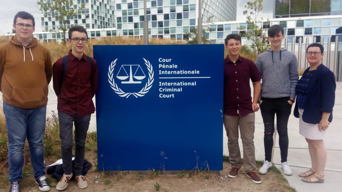 CBS Carlow debates team with teacher Claire O’Brien outside the International Criminal Court in The Hague. Photo: Concern Worldwide.