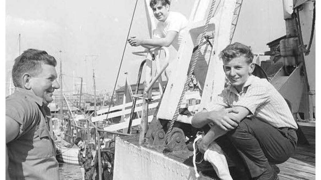 Karl Vekins saying farewell to his father, Dick Vekins, as he prepared to set sail for Biafra. Photo: Concern Worldwide