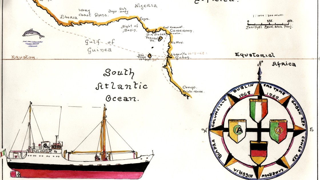 Part of a sketch by Tony O'Moore, crew member of Concern's ship, the M.V Columcille. The skettch charts the journey of the ship from Dublin to the west coast of Africa, delivering aid to people in Biafra.