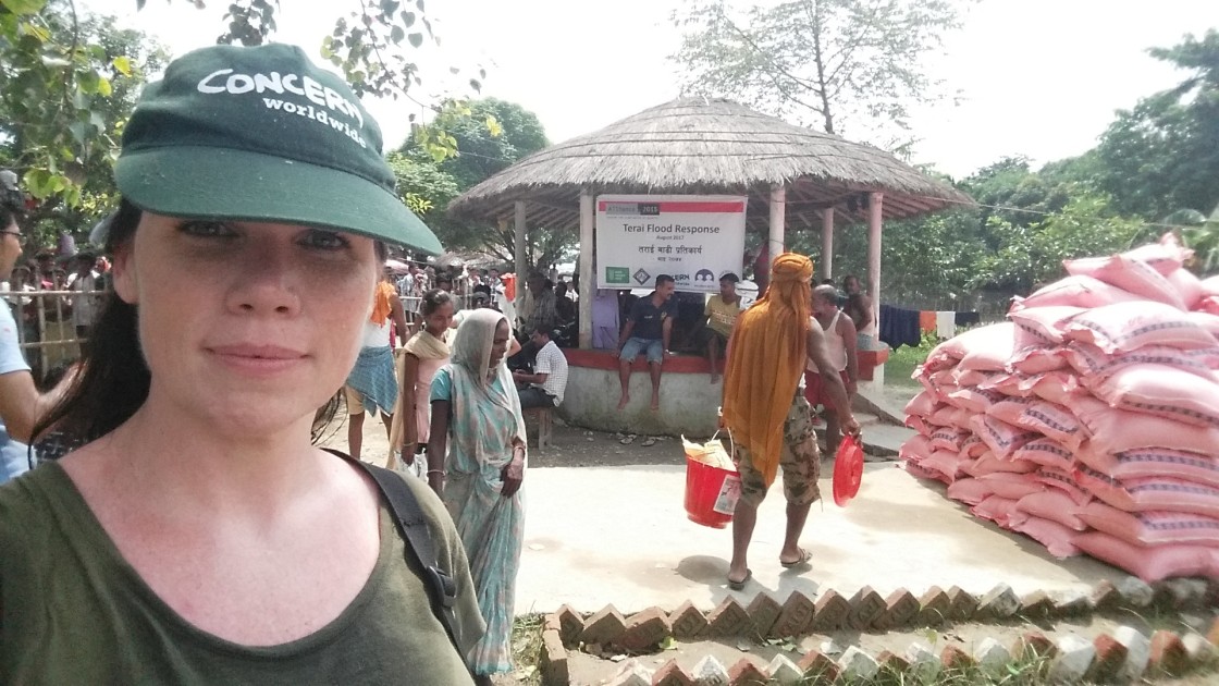 Concern Worldwide’s Country Director in Nepal, Eileen Morrow, at a food distribution after flooding in Rautahat, Nepal. Photo by: Daniel Coyle / People in Need.