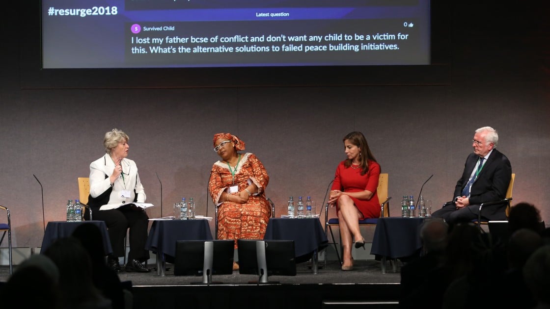 Panel for the Peacemaking and Peacebuilding discussion at Resurge2018: Former Irish Minister for Justice and Concern Board member, Nora Owen (moderator); Leymah Roberta Gbowee, Nobel Peace Laureate and President of Gbowee Peace Foundation Africa; Dr. Rim Turkmani, member of the Women’s Advisory Board to the United Nations Special Envoy to Syria; and Patrick Colgan, Special Representative of the Irish Government to the Colombian Ministry for Post Conflict. Photo: Photocall Ireland.