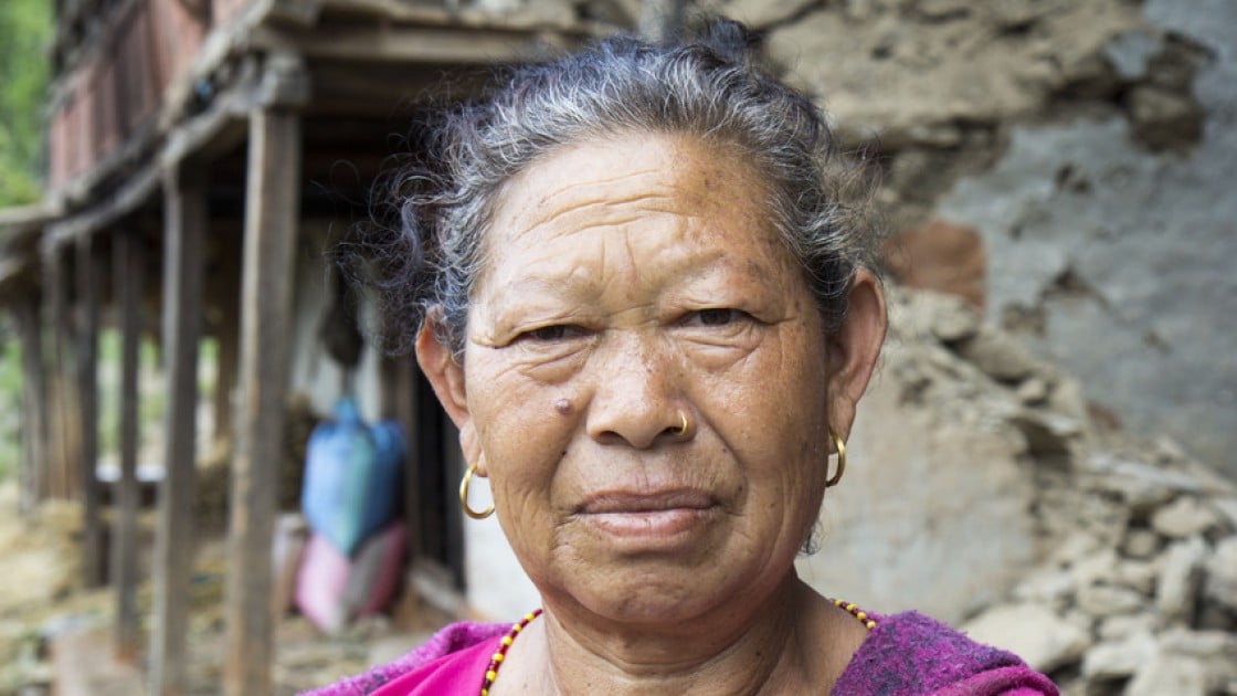 Lal Kumari Magar lost her home near Bhirkot, Dolakha District, Nepal in the 7.3-magnitude aftershock that hit Nepal on May 12th. Photo taken by Crystal Wells / Concern Worldwide.
