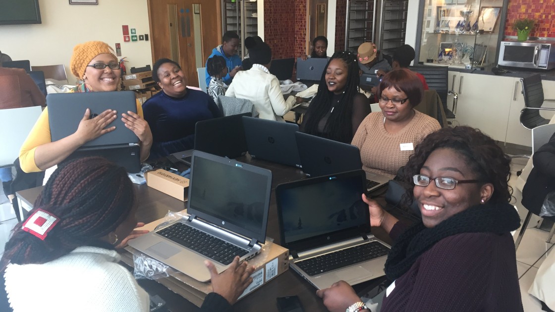Some of the laptop recipients at the Irish Refugee Council Laptop Award event hosted by Accenture. Photo: Ellen Ward / Concern Worldwide