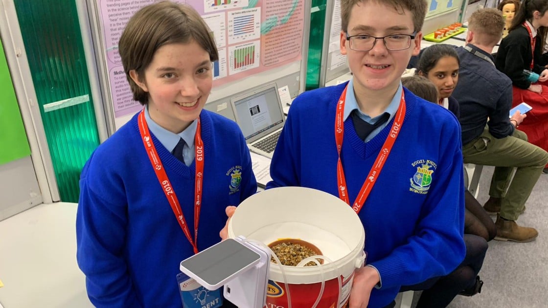 Donegal students Rory Coleman and Rachel Fletcher with their clever project. Photo: Jason Kennedy/Concern Worldwide