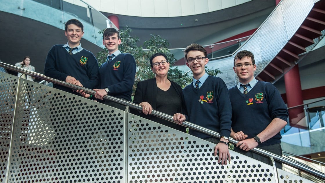 CBS Carlow team with teacher Claire O’Brien at Concern Debates final 2017 in the Helix, Dublin. Photo: Ruth Medjber/Concern Worldwide.