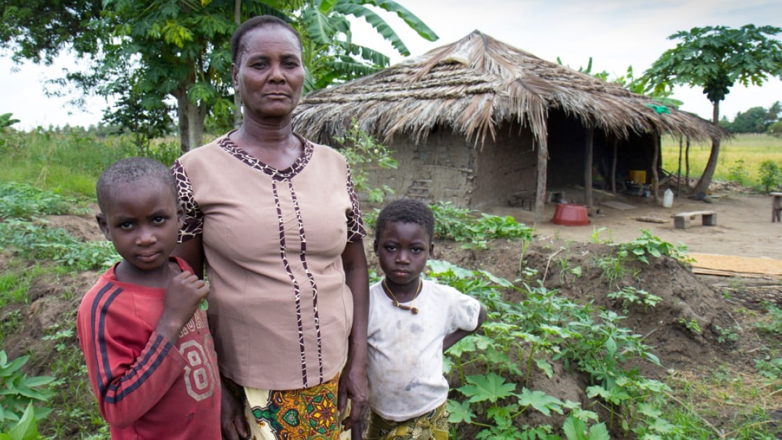 Albertina (pictured here with her grandchildren) is taking part in a farmer field school run by Concern. Photo taken by Crystal Wells.