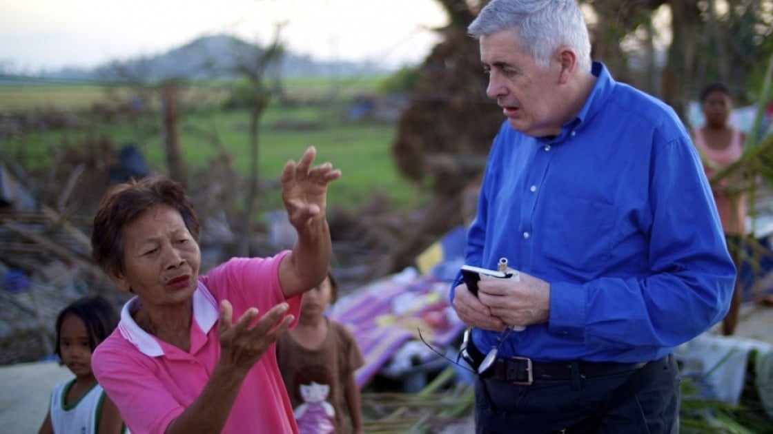 Woman who lost home to Typhoon Haiyan speaks to Concern Chief Executive Dominic MacSorley