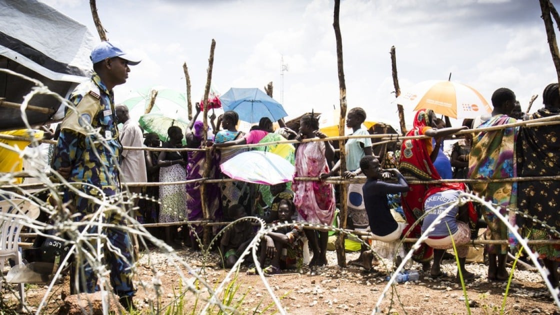 Internally displaced people queuing at a Protection of Civilian camp near Juba, South Sudan.