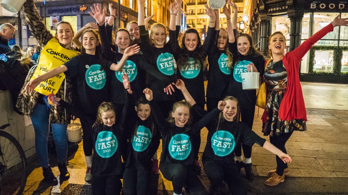 Members of the Mary Grimes School of Irish Dance entertain Grafton Street shoppers raising funds during the cash appeal for the Concern Fast. Photo: Kevin Carroll/Concern Worldwide.
