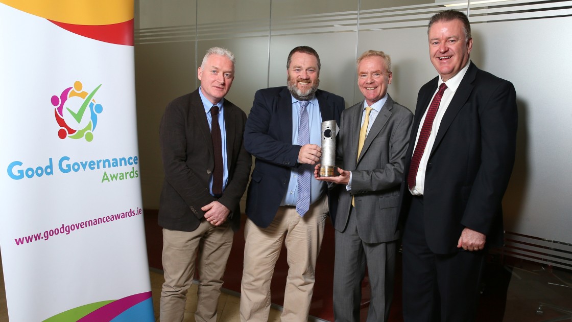 Jim Hynes, Richard Dixon and Tom Shipsey from Concern accepting a special recognition award from Diarmuid O'Corrbui, CEO of the Carmichael Centre. Photo: Marc O'Sullivan/Concern Worldwide.
