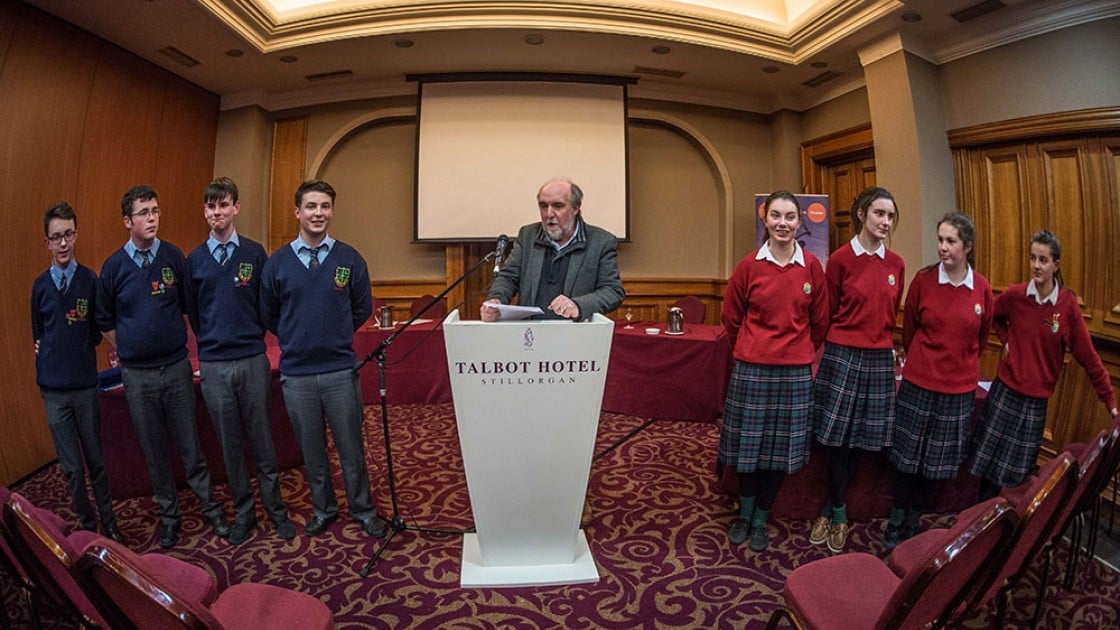 2017 Debates finalists St. Mary’s CBS Carlow and Sacred Heart Secondary School, Clonakilty at the unveiling of the motion for the final. Photo: Concern Worldwide.