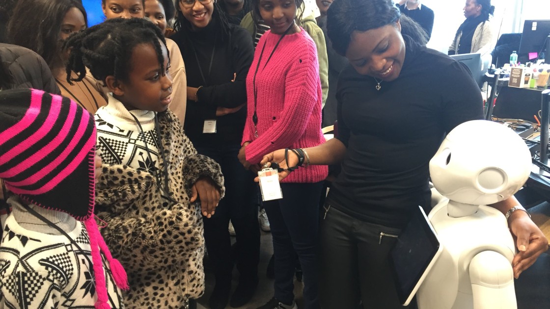 Our group meets Pepper the Robot who lives at The Dock and loves taking ‘selfies’. Photo: Ellen Ward / Concern Worldwide