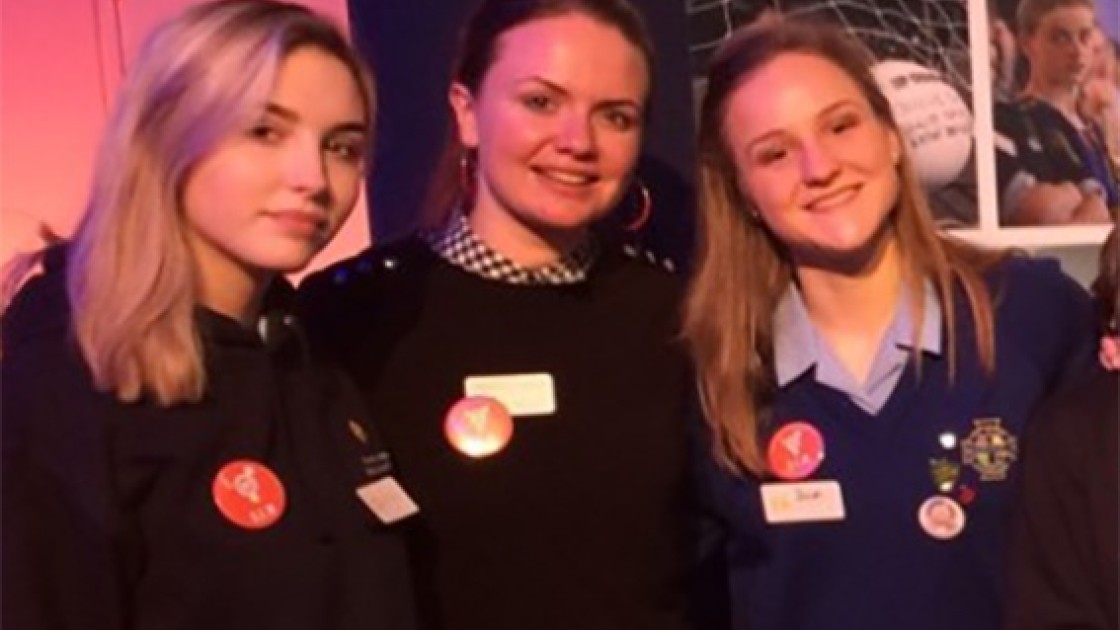 Teacher Sorcha Mellon with two of her students from Maryfield College Global Issues Group.