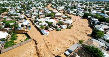 An aerial view of extensive flooding in Baidoa, Somalia