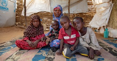 Hamila* (27) with her children in refugee camp in Eastern Chad. From left: Zara* (7), Rawa* (22 months), Murad* (5) and Yakub* (11). Photo: Eugene Ikua/Concern Worldwide