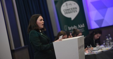 Ellie McCabe from Sandford Park School, Ranelagh in Dublin takes to the podium at the Concern All Debate semi-finals