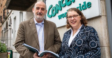 Concern Worldwide Chief Executive Officer Dominic Crowley and Chair Rosalyn Tamming with the 2025 Annual Report. Photo: Jon Hozier-Byrne/Concern Worldwide