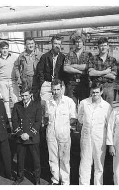 The crew of the Columcille which departed Dublin in September 1968 to deliver aid to Biafra.