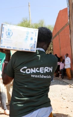 Concern Worldwide’s staff are unloading the trucks ahead of a food distribution in Filtu, Somali Region, Ethiopia