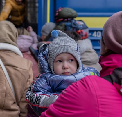 Daria* 2 years old, with her mother from Odessa, left their home due to heavy fighting. Photo: Stefanie Glinski / Concern Worldwide.