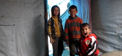 Samira* sons Jaafar* (10), Nahed* (7) and Abdul* (3) in a camp in Menbij, eastern rural Aleppo.