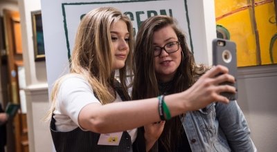 Jenny Gillen and Claire Williams taking a selfie at the Concern Debates Semi Final 2017. Photography by Ruth Medjber/ Concern Worldwide.
