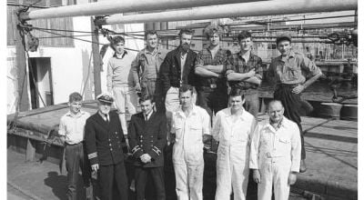 The crew of the Columcille which departed Dublin in September 1968 to deliver aid to Biafra. 