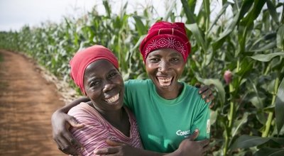 Esime Jenaia, a Lead Farmer for conservation Agriculture, at her plot in Chituke village, Mangochi, Malawi, with neighbour Esnart Kasimu. Photo: Kieran McConville / Concern Worldwide.