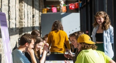 Group of students discuss Sustainable Development Goals at table