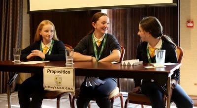 Georgina Farr, Lauren Mawe-Downey and Danielle Crowley-Healy from Cork's St. Mary’s Senior Girls National School, Dunmanway at the Semi-final Primary Debates