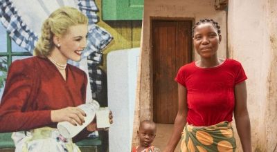 Left: A 1940s image of a housewife from Ladies' Home Journal (Photo: Wikimedia Commons); Right: The Manjolo family, participants in Concern's Umozdi programme for gender equality in Malawi (Photo: Chris Gagnon/Concern Worldwide)