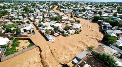 An aerial view of extensive flooding in Baidoa, Somalia